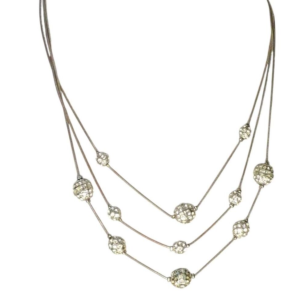🔥Chico's Silver-Tone Multi-Strand Necklace Crystal Rhinestone Beaded Statement